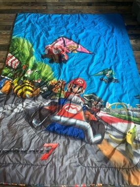 Nintendo double sided Blue Mario Kart twin Comforter with Red & Gray Accents
